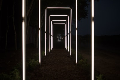 Guests traversing their way through the forest of art installations all passed through a series of graphic fluorescent arches by Mariano Marquez, Dom Bouffard, and Rui Monteiro. Beyond being the most modern element of all the artworks, the arches were also filled with a multichannel sound installation.