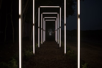 Guests traversing their way through the forest of art installations all passed through a series of graphic fluorescent arches by Mariano Marquez, Dom Bouffard, and Rui Monteiro. Beyond being the most modern element of all the artworks, the arches were also filled with a multichannel sound installation.
