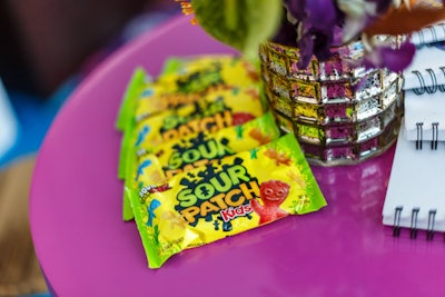 Candies from sponsor Sour Patch Kids sat on surfaces for kids to grab and go.