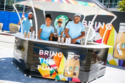 Starbucks offered samples of its latest Frappuccino flavors over ice in custom cups bearing the Bring the Fun campaign imagery.
