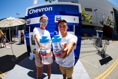The Chevron activation featured a backlit mini gas station with custom-designed gas pumps that distributed water into branded bottles.