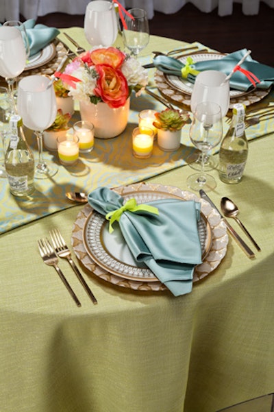 Pistachio overlay, from $51, Bimini table runner, $26, and Nile blue napkin, $1.81, available nationwide from BBJ Linen