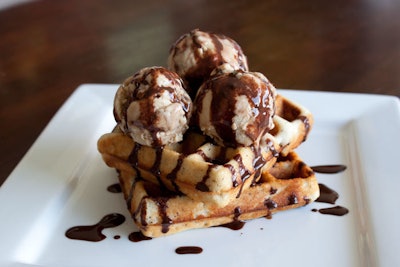 Gluten-free waffles topped with maple-pecan coconut-milk-based ice cream and chocolate-maple sauce, by Leslie Durso in Los Angeles