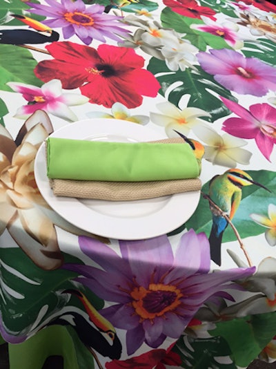 “Trop Pic” linen, $47.50 for a 90- by 90-inch square, available nationwide from Over the Top Rental Linens