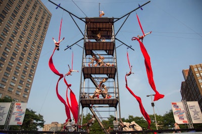 Aerialists performed on a multilevel structure at just one of the venues for the Montréal Complètement Cirque. The event expanded its outdoor programming this year.
