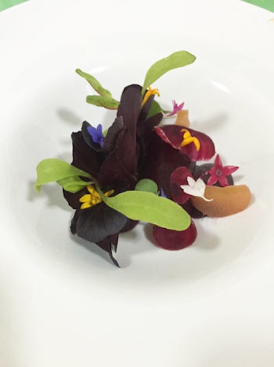 Beet panna cotta, served with strawberry puree, pickled rhubarb, sorrel, and Chinese long pepper gel, by Stephen Starr Events in Miami