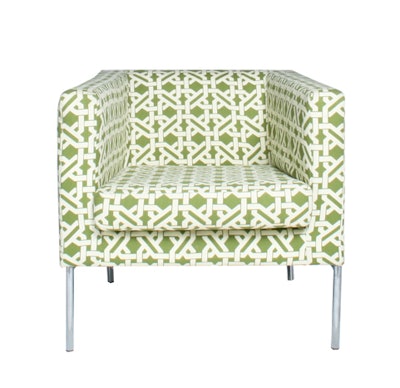 Armchair in blue stream plaid, tangled green (pictured), or sky blue, $195, available in Florida from Ronen Rental
