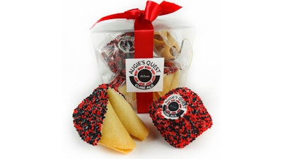 Custom gift pail with matching logo printed chocolate dipped fortune cookies and personalized message.