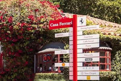 Custom signage erected at the entrance to the gas station directed guests to either the public areas on the left or the by-invitation-only sections to the right. The verbiage was a riff on Ferrari's Maranello, Italy, headquarters that also indicated its partner vendors for the pop-up. 'The most important element about Casa Ferrari was that it have a public area,' said Adams. 'The public space balanced the private space and it was important to give as much a Ferrari experience to the motor heads as possible.'