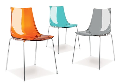 Vienna café chairs in teal, smoke grey, and orange, $30 each, available nationwide from AFR Event Furnishings