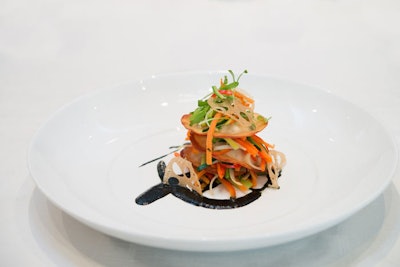 Wonton lasagna with black garlic coulis, seasonal vegetables, crispy lotus chips, and mushroom tofu ricotta, by Blue Plate Catering in Chicago