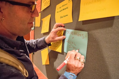 Attendees interested in speaking at the conference could post their topics on sticky notes. Those that received the most votes were invited to present on the final evening at an event held at the headquarters of Scottevest clothing company in downtown Ketchum.