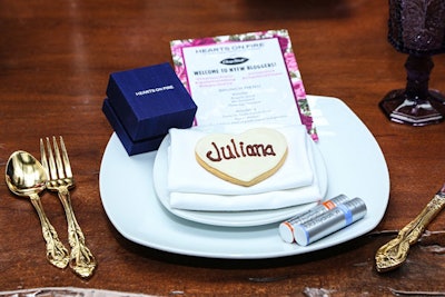 Kari Feinstein also produced a second blogger brunch at the Hotel on Rivington during New York Fashion Week in September for Hearts on Fire and Chapstick, where products sat upon plates next to heart-shaped personalized cookies from Tribeca Treats.