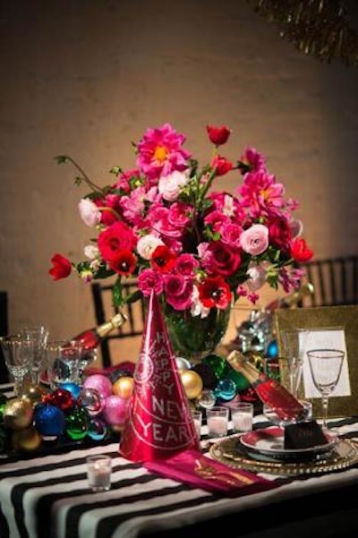 'Vintage party hats, shimmering accents, and a mix of holiday floral, coupled with classic black-and-white stripes, say holiday fun without being too 'in your face,'' says Danielle Couick, principal of the Columbia, Maryland-based event planning company.