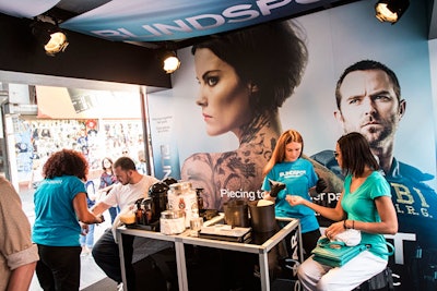 Tattoos, both virtual and real, were the main component of the activation. Visitors were able to get temporary Blindspot-theme half-sleeves at an on-site tattoo bar.