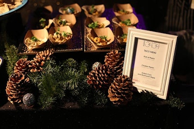 Pinecones and tree branches decorated the taco bar at Deutsch LA's Studio 54-theme holiday party, held at Hangar 8 in Santa Monica, California, in December 2014.