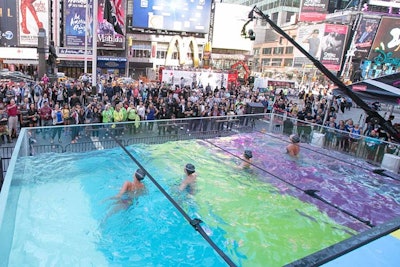 Epson's 'Swimming in Ink' event, which showcased the electronics company's new EcoTank printers, took place in Times Square on September 24. Members of the U.S. National Synchronized Swimming Team gave hourly performances in a massive multicolor swim tank.