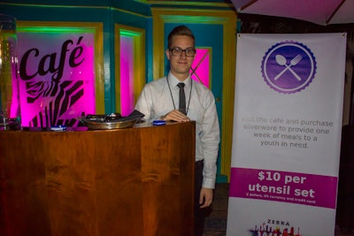 In the café, staff marked each $10 donation for food by placing a set of utensils in a bowl.