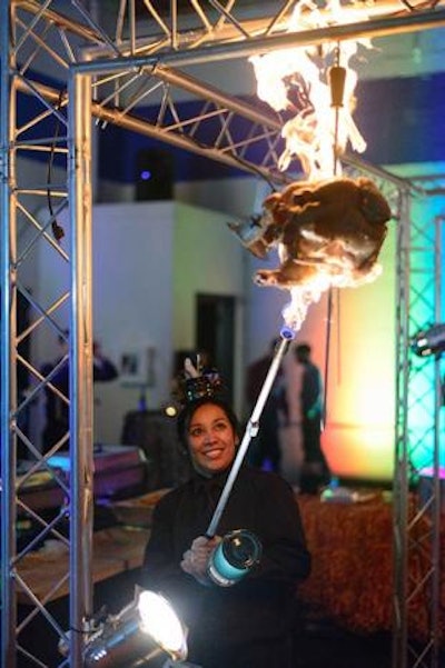 For the Cirque du Soleil-style holiday party for Traffic Control Services, held at its corporate office in Hummelstown, Pennsylvania, in December 2014, JDK Group's culinary team created inventive food presentations, including torched meat.