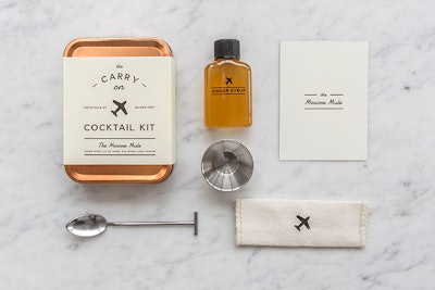 The Carry On Cocktail Kit by W&P Design contains all the necessities—a recipe card, a spoon/muddler, aromatic bitters, cane sugar, and a coaster (minus the hard stuff)—to craft two drinks mid-flight. The kits are available in three variations (Old Fashioned, Gin & Tonic, and Moscow Mule) and cost $24 each.