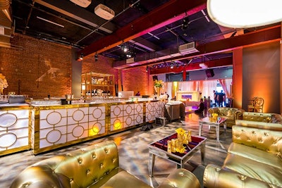 A golden event produced by Danville, Calfornia-based Roar Events in June featured intimate lounges, a giant central bar, and an LED dance floor.