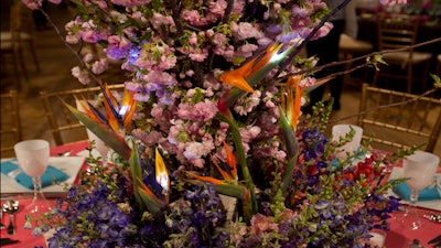 Birds of paradise accent flowering cherry blossom for the Flower Show Dinner Dance, 2013