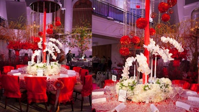 Suspended pomander balls for The Hort's 'Fire on Ice' Flower Show Dinner Dance