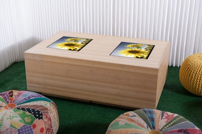 Natural wood interactive coffee table, $175, available throughout the New York area from RentQuest