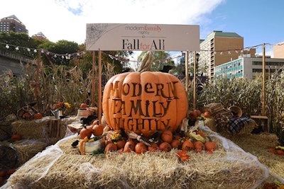 An oversize carved pumpkin, fabricated by Daddy-O Productions, helped advertise Fox 5's nightly airings of ABC's comedy Modern Family in Union Square Park in October 2014.