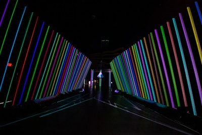 The entrance to the Main Frame stage was constructed of illuminated polls that bounced sounds back and forth. The video sculpture was designed by artist Jason Boogie AV8 and titled 'Theoretical FrameWork.'