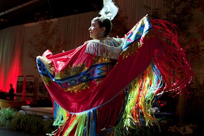 'We had a lot of fun booking the entertainment, and we ensured that the talent represented different aspects of Canadian culture,' said Mineque. To lead guests from cocktails to dinner, dancers from the troupe Tribal Vision performed a ceremonial dance while leading guests into the ballroom. Other entertainment included upbeat tunes from the East Coast fiddlers, a set from Canadian comedian Ron James, and covers of classic Canadian songs from local band No Sugar Tonight.