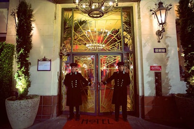 Staff dressed in classic hotel doormen attire greeted guests at the entrance of the refashioned Hotel Cortez, which included a red welcome mat with the new season's logo.
