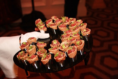 Passed hors d'oeuvres included fresh tuna tartare in waffle cones.