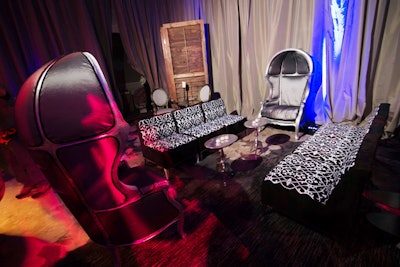 Inspired by an Italian nightclub, Wells switched the color palette of the hotel ballroom for the after-party, focusing on black, white, and silver lounge furniture.