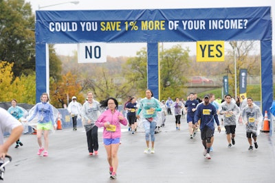Runners were asked questions about retirement readiness via a series of gates throughout the course. They could run through the 'yes' or 'no' gates depending on their answer.