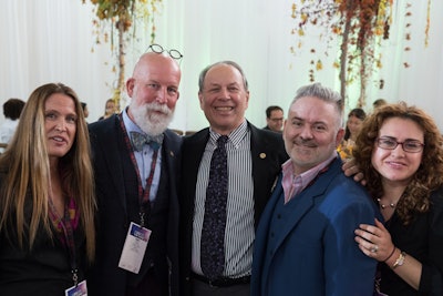 Celebrity designers Jes Gordon of Jes Gordon/ProperFun, David Beahm of David Beahm Design, Matthew David Hopkins of 360 Design Events, and Camila Pinzon of Blueprint Studios posed with BizBash president Richard Aaron at the Design Luncheon.