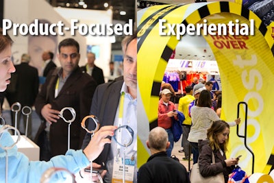 Are trade show booths focused on displaying products (pictured at International C.E.S., left) better than ones with hands-on components, such as the oversize hamster wheel Adidas offered at a recent expo (pictured, right)?