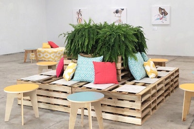 South Florida-based Ronen Rental introduced its new wood pallet lounge ($950) as a seating area option. The hand-crafted structure, which measures 96 by 96 inches, includes 12 seating cushions and eight accent pillows (room for 15 guests). The elevated portion, which measures 48 by 48 inches, can display plants, branded products, or other decor elements. The item is available for rent in South Florida.