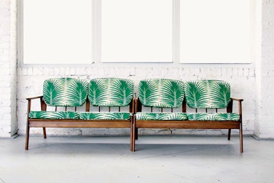 The Palm Springs sofas ($500 for two) from Patina Rentals can add to an event's jungle vibe and are available in the New York area.
