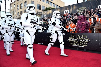 Costumed Stormtroopers stormed the arrivals carpet for Star Wars: The Force Awakens.