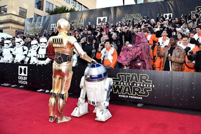 C-3PO and R2-D2 were among the crowd-pleasing characters on the carpet.