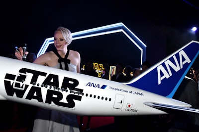 Arriving stars signed a six-foot model of the wrapped ANA Dreamliner airplane.
