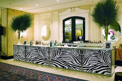 Tall palms topped the zebra-print bar during the cocktail reception at Michael 'Pinball' Clemons Foundation's safari-theme gala in March 2010, which was held at the Four Seasons Hotel in Yorkville, Toronto.