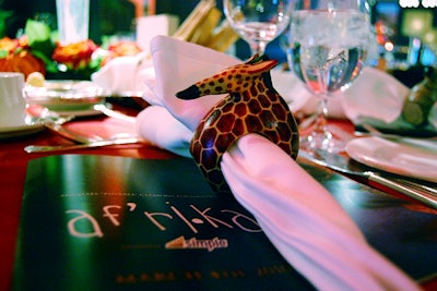 Whimsical animal napkin rings provided by Jedando Modern Handicrafts, a Kenyan organization, marked each place setting at the Michael “Pinball” Clemons Foundation's gala.