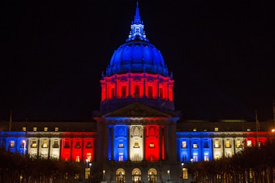 San Francisco City Hall was among the civic and cultural landmarks that used blue, white, and red lighting to show solidarity with Paris following terrorist attacks in November.