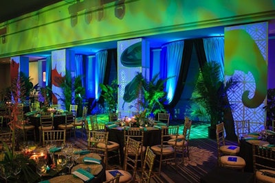 Kehoe Designs transformed the Fairmont Hotel's ballroom into a tropical setting with lagoon-colored lighting, leafy centerpieces, and giant cutouts of animal silhouettes for the Goodman Gala, which was held in Chicago in May 2013 and celebrated the theater's production of The Jungle Book.