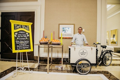 During breaks, guests were treated to inventive snacks. During a 'Lemonade Break,' a cart doled out lemon sorbet, key lime gelato, citrus-cheese popovers, Meyer-lemon mascarpone in savory cones, and marinated strawberries.