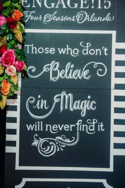 Fairy-tale themes and sayings were found throughout the event, including in signage that inspired guests to believe in magic. Guests also received luggage tags that read: 'Wheels up, magic ahead.' Elsewhere, place settings read: 'Dreams made here.'