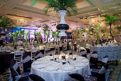Palm leaves, lilies, and zebra print decorated the ballroom of the Four Seasons Chicago for the Service Club of Chicago's gala in November 2011.