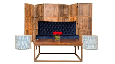 Easton screens with midnight banquette, chestnut coffee table, and blue star end tables/stools.